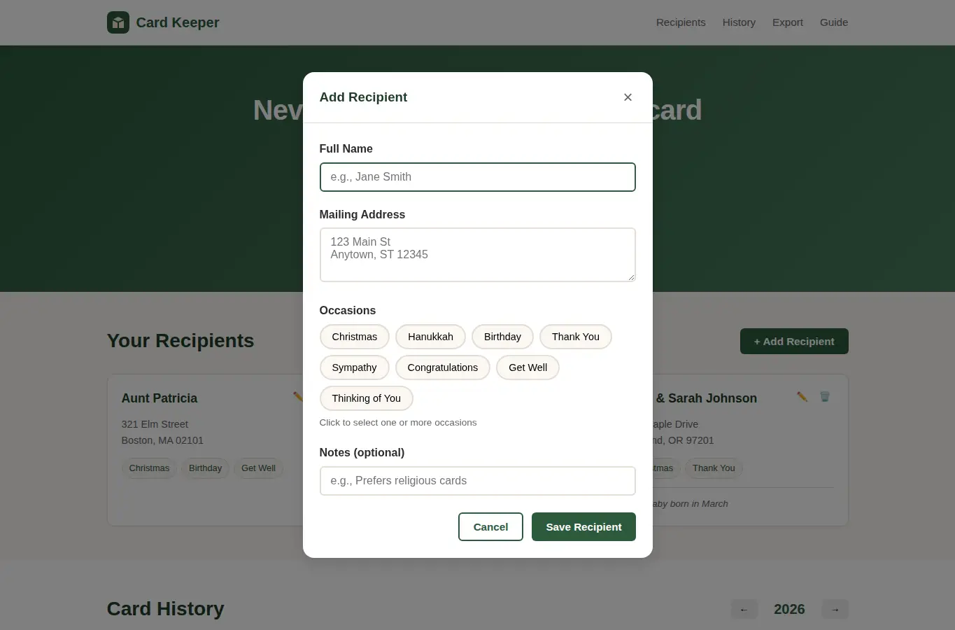 Screenshot of Holiday Card Address Book interface showing the project page in use